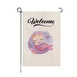 2pcs, Welcome Mermaid Garden Flag 12x18 Inch Double Sided Vertical Linen Yard Flags For Farmhouse Yard Holiday Celebration Outdoor Flags