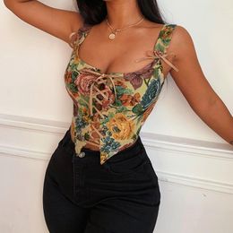 Women's Tanks Vintage Flower Printing Short Camis Sexy Bandage Strech Slim Corset Women SUmmer High Street Tops Low Cut Floral Vest Tank