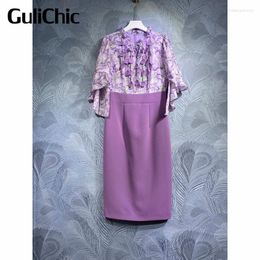 Casual Dresses 6.9 GuliChic Women Elegant Fashion Design Round Neck Print Embroidery Lace-Up Decoration High Waist Spliced Slim Dress