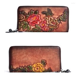 Wallets Women Genuine Leather Wallet Long Purse Phone Pouch Flower Embossing Female Coin Card Holders Carteira Feminina