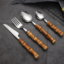 20Set/Lot Dinnerware Set 18/10 Stainless Steel Tableware Natural Bamboo Hand Knife Fork Spoon Luxury Cutlery Set Flatware