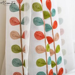 Curtain Tricolour Leaves Embroidered Tulle Curtains For Living Room Bedroom Korean Sheer Voile Kitchen Short Blinds Decor 230619