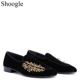 Metal Decoration Studs Spike Male Shoes Black Glitter Loafers Shoes Men Handmade Runway Shining Rivets Party Wedding Shoes