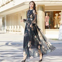 Ethnic Clothing Boho Flowers Print Chiffon Beach Maxi Dress A Line Muslim Fashion Long Sleeve Women Party Guest Travel Po Pography