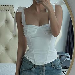 Women's Tanks Bow Lace Up Strap Sexy Ruched Satin Crop Top Corset Women Summer Bandage Grunge Y2k Clothes Sleeveless Backless Slim Camis