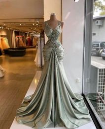 Elegant Sage Satin Long Evening Dresses 2023 Beaded African Formal Mermaid Prom Gowns Mothe Prom Party Gowns