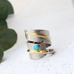 Cluster Rings 925 Sterling Silver Inlaid Natural Turquoise Feather Fashion Jewellery Gifts Adjustable Size Retro Women Open Ring