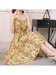 Casual Dresses Women's Summer Plus Size Fragmented Flower Long Dress Elastic Waist Cotton Silk Bohemian Strap Beach Street Apparel