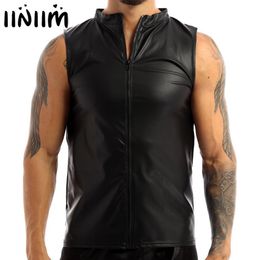 Men's Tank Tops Mens Fashion Club Tops Costumes Faux Leather Front Zippered Undershirt Black Tank Top Vest Moto Punk Clubwear for Pole Dancing 230620