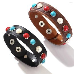 Charm Bracelets Kirykle Leather Bracelet For Women Retro Punk Cowhide Inlaid With Red Turquoise Stone Couples Jewelry Gift