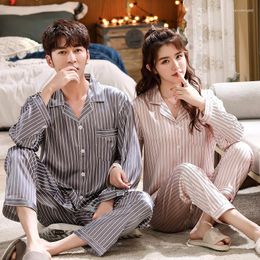 Women's Sleepwear Couple Striped Pyjamas Set Satin Silky 2PCS Long Sleeve Shirt&Pants Lovers Loose Pyjamas Suit Casual Home Clothing