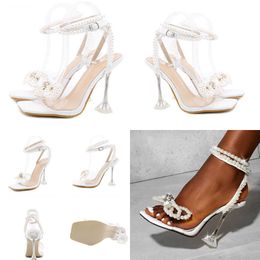 Summer Sandals New Women Sexy Perspex Crystal High Heels Party Wedding Shoes Square Toe Pearls String Bowknot Pumps 230511