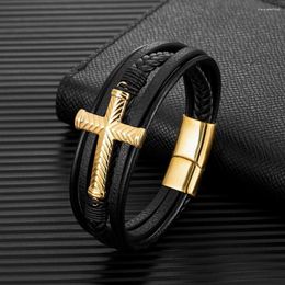 Charm Bracelets MKENDN Classic Retro Design Cross Men Genuine Leather Stainless Steel Magnet Clasp Handmade Bracelet Homme Christmas