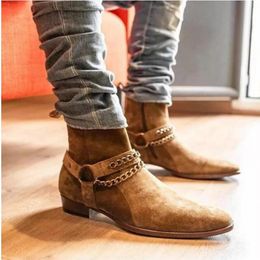 Mens Brown Suede Boots High top Zipper Genuine Leather Harness Chains Boots for men Big Size 38-46