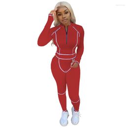 Women's Two Piece Pants Grey Sport Set Women Tracksuit Fashion Zipper V Neck Long Sleeve Crop Top Fitness Workout 2 Pieces Red