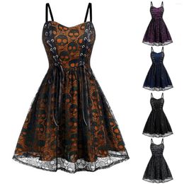 Casual Dresses Halloween Costumes Gothic Lace Up Party For Women Retro Skull Print Bandage Patchwork Spaghetti Strap A Line Dress Robe