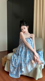 Women beach vacation sexy spaghetti strap blue flowers print beach backless maxi long mermaid desinger dress SM