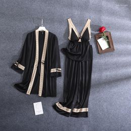 Women's Sleepwear Spring Black Woman Pijama Set 3PCS Sleep Suit Satin Kimono Strap Top Pants Pijamas With Chest Pads Nightgown