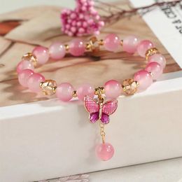 Charm Bracelets Gradient Color Butterfly Crystal Bracelet For Women Cute Pink Stretch Beaded Chain Friendship Bangles Party Jewelry