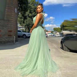 Party Dresses Elegant Halter Prom For 2023 Beaded Sexy V-Neck Split Side Backless Lace Up A-Line Robes De Tulle Evening Gowns