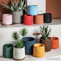 Planters Pots Nordic Cement Flower Pot Decoration Creative Mountain Stone Breathable Green Plant Potted with Tray Flowerpot Decoration R230620