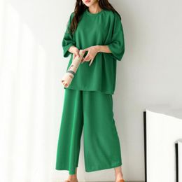 Women's Two Piece Pants 2Pcs/Set Simple Solid Colour Casual T-shirt Set O-neck Half Sleeve High Waist Wide Leg Daily Outfit Lounge Wear