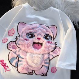 Womens TShirt Summer Cute Kitten Embroidered Tops Tees Women Y2K Harajuku Academy Joker Tshirt Couple Plus Size Loose Casual 230620
