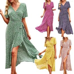 Casual Dresses Summer Floral Print Long Dress For Women Sexy Wrap V Neck Side Slit Beach Sundresses Elegant Party A-Line