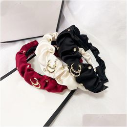 Headbands 3Color Designer Letters Printed Pu Leather Headband For Women Girls Wide Edge Bowknot Diamond Hair Hoop Outdoor Head Acces Dhabo