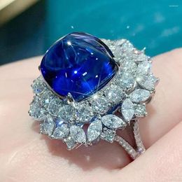 Cluster Rings Blue Crystal Sapphire Gemstones Diamonds Luxury Big Flowers For Women White Gold Filled Silver 925 Fine Jewellery Gift Party