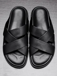 Summer Mens New Fashion Outside Genuine Leather Slides Cross Strap Breathable Cowhide Beach Slippers Casual Flats Open Toe Shoes