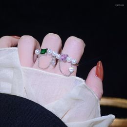 Cluster Rings Trendy Green/Pink Cubic Zircon Stone Luxury Ring For Women Imitation Pearl Jewellery