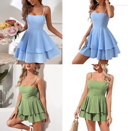 Casual Dresses Womens Cute Tie Back Ruffle Hem Spaghetti Strap A Line Square Neck Swing Flowy Short Club Party Dress