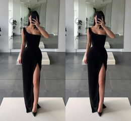 Arabic Black Sheath Prom Dresses Long for Women One Shoulder Backless Floor Length High Side Split Formal Occasion Evening Pageant Birthday Party Gowns Custom