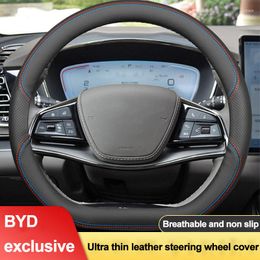 Steering Wheel Covers Cow Leather Auto Car Cover Wrap For BYD Han EV DM-i Dolphin ATTO Plus Braid On D Type Steering-Wheel Protector