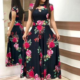 Casual Dresses Women's 2023 Summer Fashion Floral Plant Print O-Neck Hollow Short Sleeved Daily Maxi High Waist Long Dress