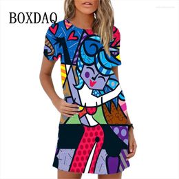 Casual Dresses Beach Sundress Summer Cute Kawaii Cartoon Print Women Dress Hand-painted Abstract Pattern Short Sleeve Loose A-Line