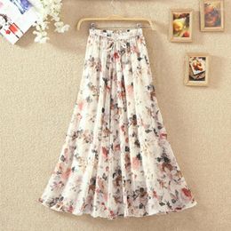 Skirts Lady Printed Floral Chiffon Ruffles Ankle-Length Princess Ethnic Style Simple Dress Elasticated Waist High Street Green