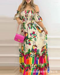 Casual Dresses Women Long Loose Dress High Waist Floral Flower Sexy Strapless Short Sleeve Floor Length Spring Summer