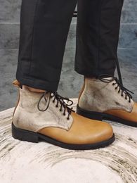 Patchwork Canvas Genuine Leather Short Boots Men Lace Up Round Toe Work High Top Cargo Shoes Vintage Design Motorcycle Boots Men