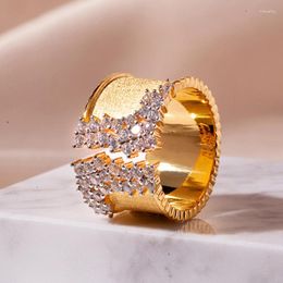 Cluster Rings Luxury Gold Color Modern Zircon Wrap Wide Ring For Women Geometric Finger Statement Party Layered Chic Jewelry