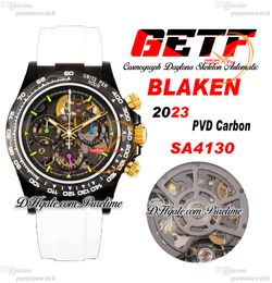 GETF Blaken SA4130 Automatic Chronograph Skeleton Mens Watch PVD Carbon Bezel Candy Dial 904L Steel White Rubber Super Edition Reloj Hombre Montre Puretime F5