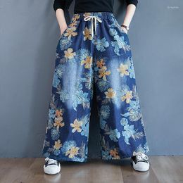 Women's Pants Oversized Korea Summer Fashion Women Floral Denim Wide Leg Pant Casual Loose Ladies Big Size Vintage Print Straight Trousers