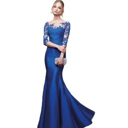 Royal Blue Mermaid Evening Dresses Sheer Neck luxury Full Sleeve Sexy African handmade flowers elegant Prom Party Gowns