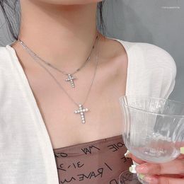 Chains Necklace For Women Double Layer Cross Necklaces Woman High Quality Trend Necklac Silver Colour Korean Fashion Lovers Gift Jewellery