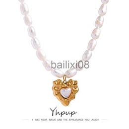 Pendant Necklaces Yhpup Heart Pendant Collar Neckle Elegant Natural Freshwater Pearl Chain Neckle Stainless Steel Jewellery Female Gift J230620