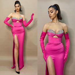 Sexy Rosy Pink Prom Dresses Sweetheart Long Sleeves Beads Neck Evening Gowns Semi Formal Red Carpet Long Special Occasion dress