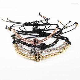 Charm Bracelets Brand Men Gold Color 4mm Round Beads & 8mm Micro Pave Black CZ Braiding Macrame Bracelet Fit Christmas Gift