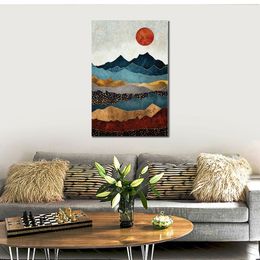 Contemporary Abstract Painting Sunset Blue Mountain Handmade Canvas Art for Sitting Room Decor