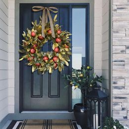 Decorative Flowers F2TE Autumn Fall Front Door Wreath Artificial Pomegranate Fruit Ribbon Bow Realistic Greenery Garland Hanging Onrmanet